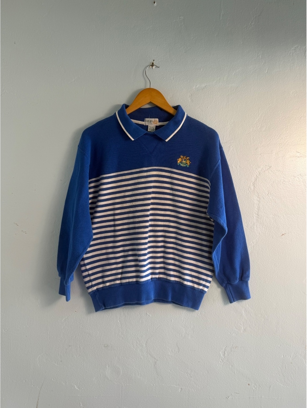 IZOD Club Ladies' Medium Blue and White Striped Cotton Polo Sweater